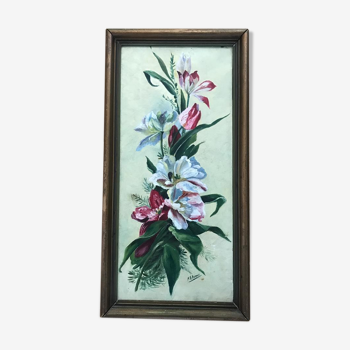 Oil on canvas with lily decoration in frame