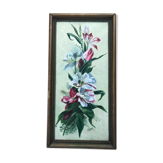 Oil on canvas with lily decoration in frame