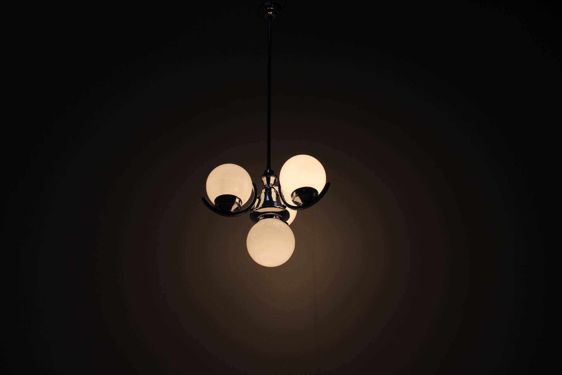 Art Deco Chrome and Pink Glass Chandelier, 1930's, Czechoslovakia