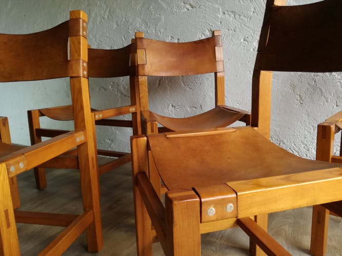 Suite de 6 chaises orme et cuir de la maison regain - circa 1960