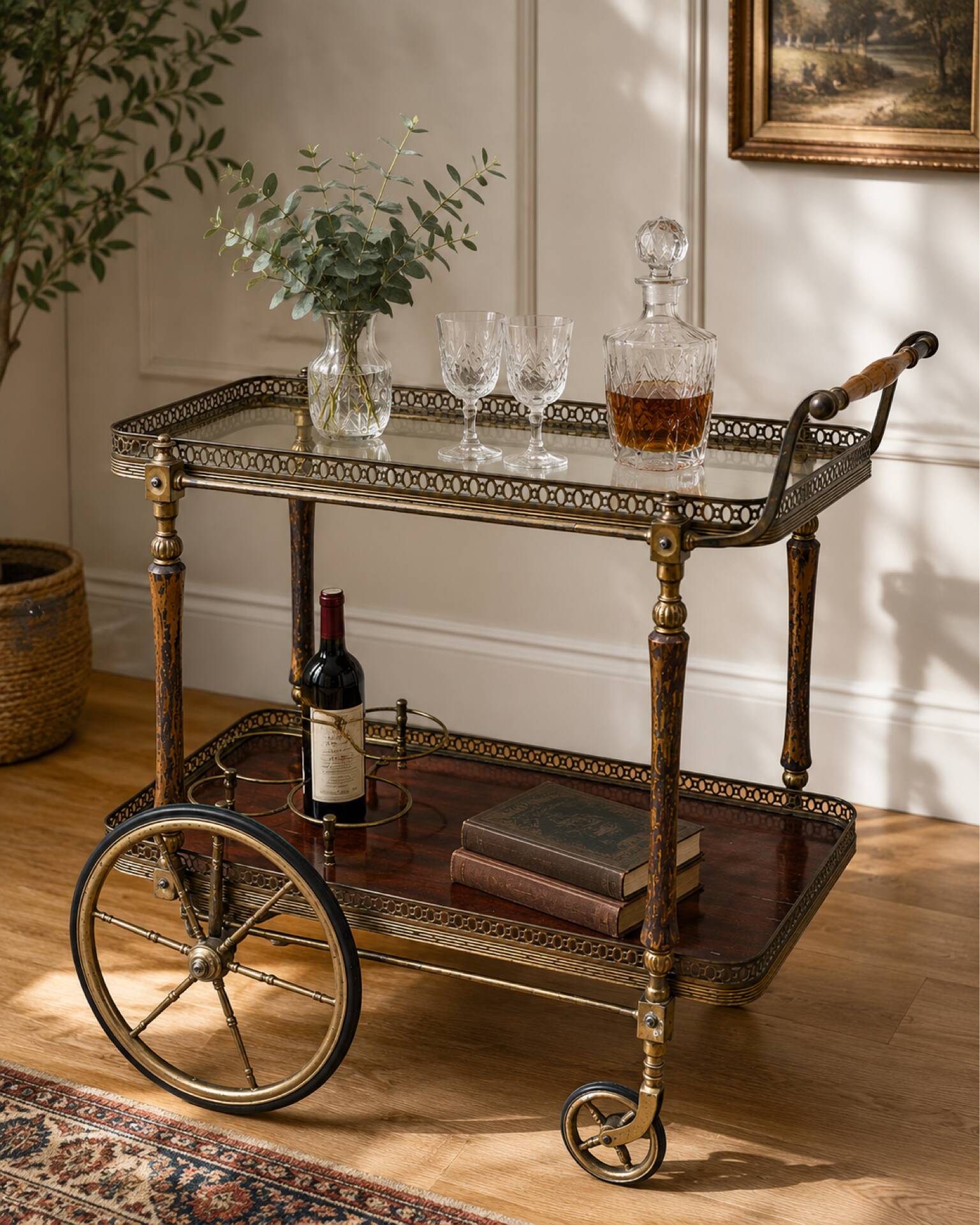 Bar drinks trolley in brass and wood by Maison Jansen