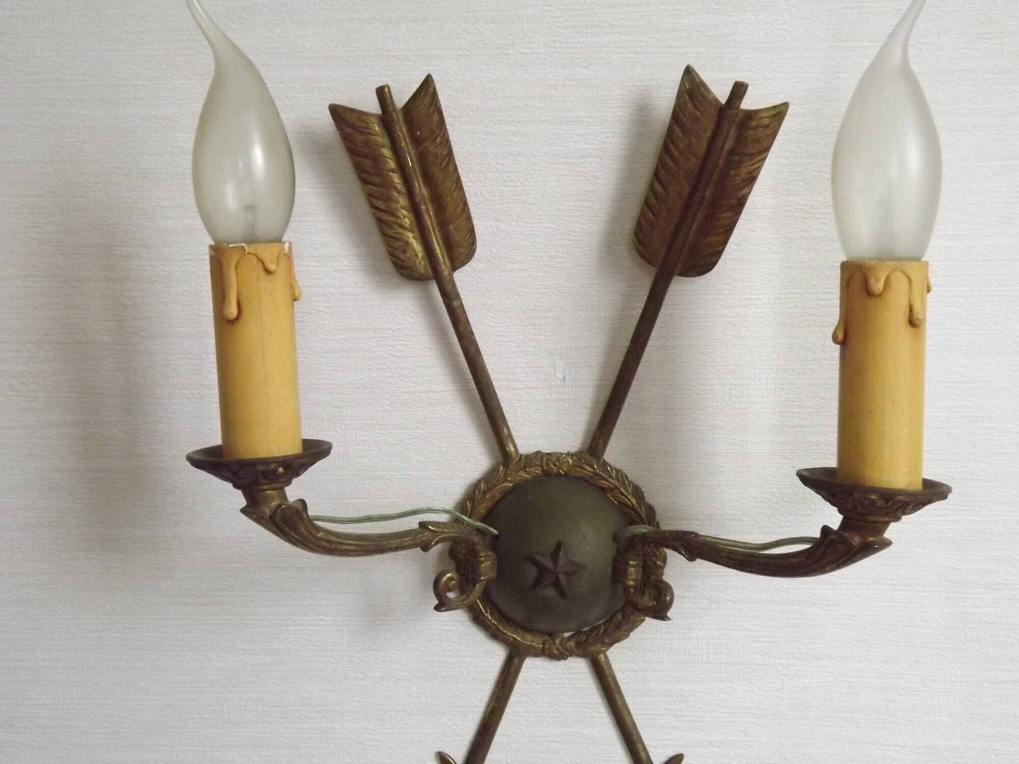 French Vintage Bronze Empire Arrow & Quiver Criss Cross Double Wall Sconces