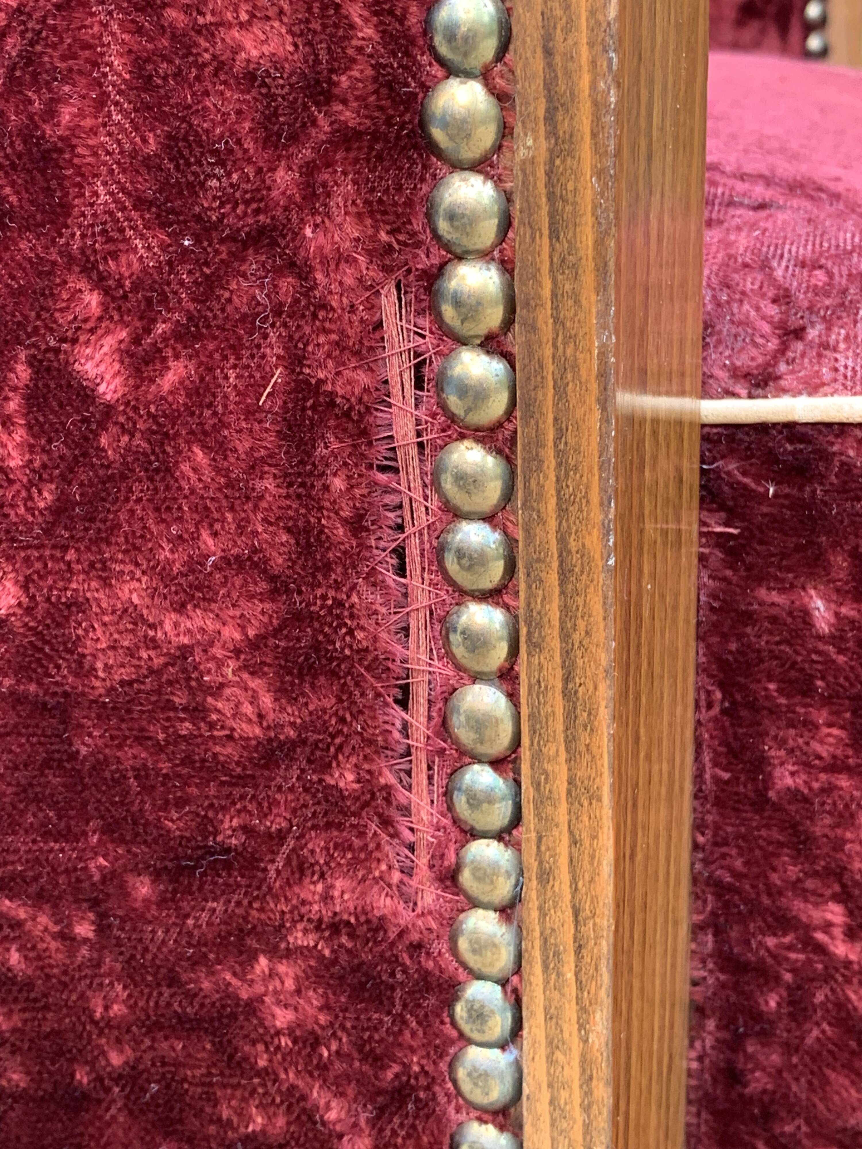 Pair of Art Deco club armchairs in burgundy red velvet, 1930s