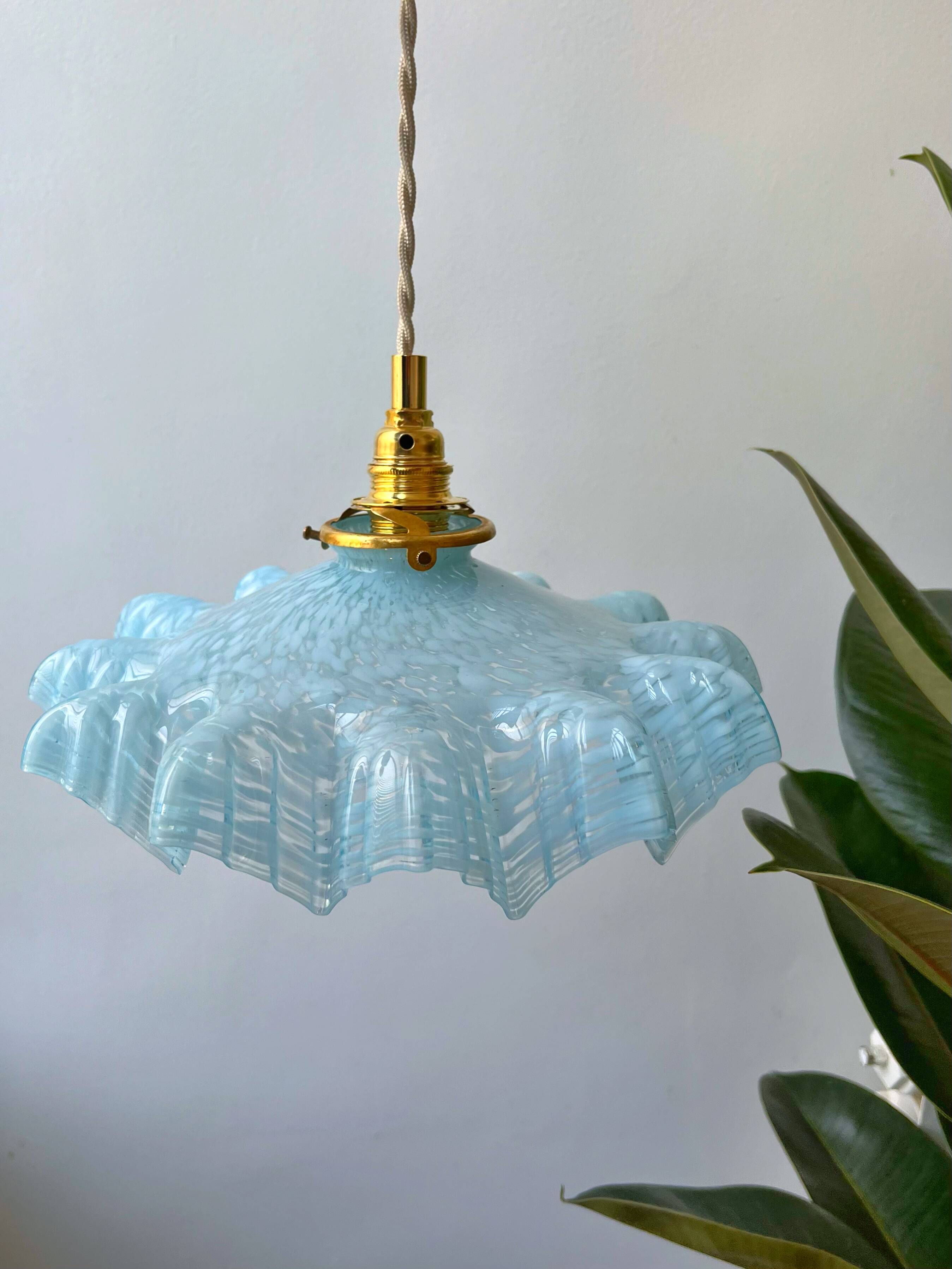Large serrated blue Clichy glass pendant light