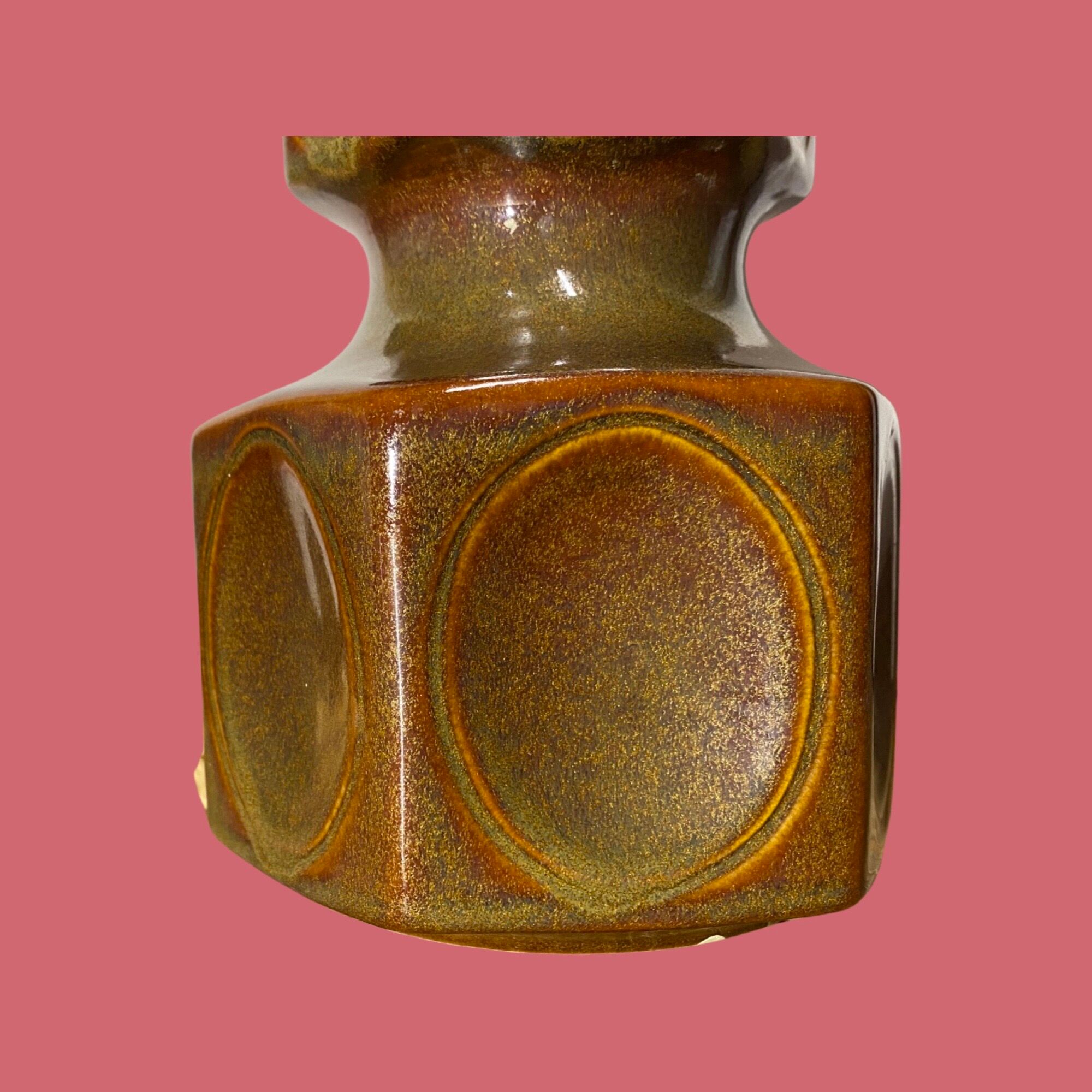 Rare Large Søholm Ceramic Lamp | Brown/green Color With Red Lampshade - Danish Ceramic Lamp