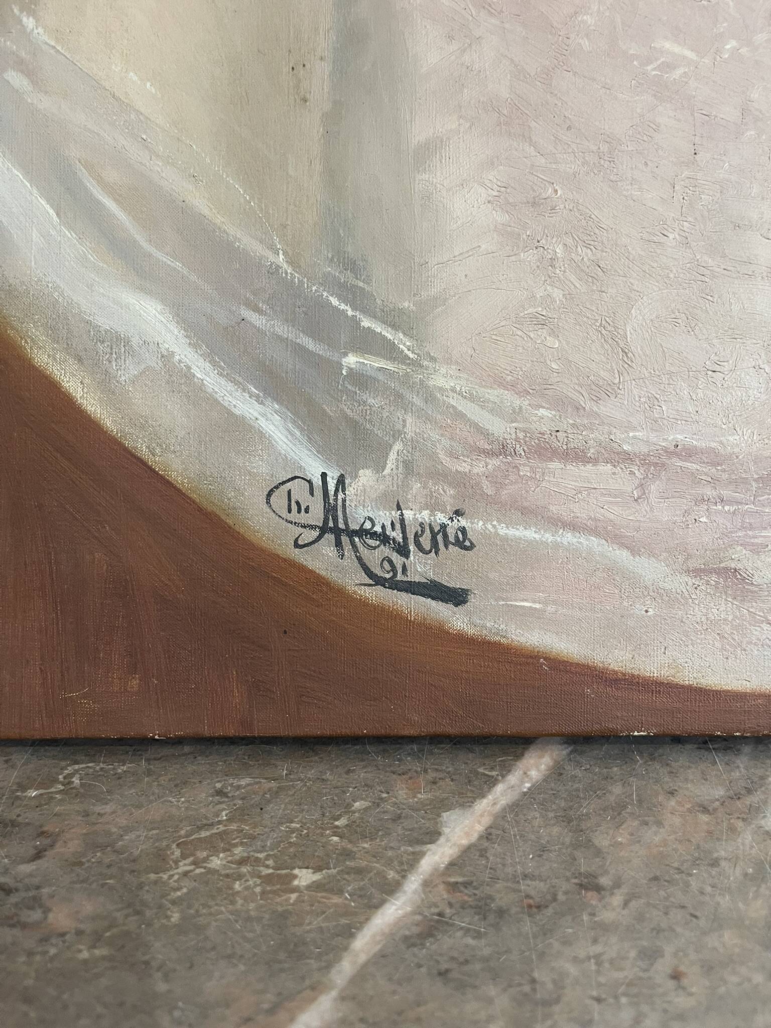 Tableau peinture huile toile portrait femme robe dentelle xixème 19ème merl