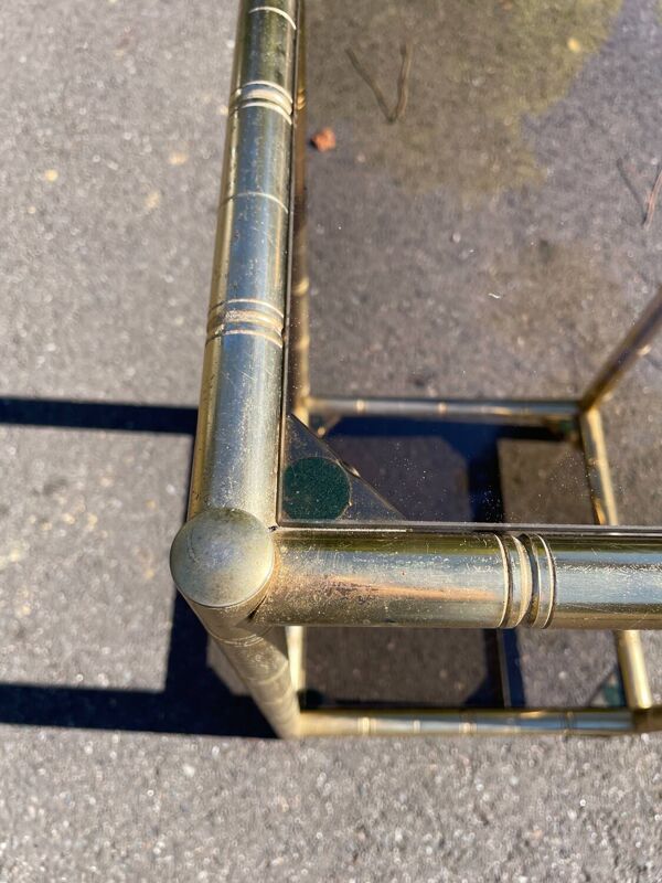 Guéridon carré faux bambou laiton doré et verre