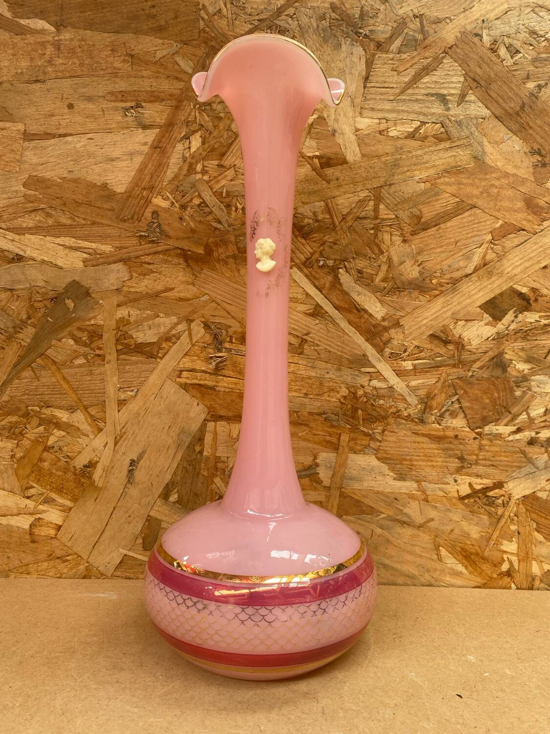 Old Pink Opaline Soliflore Vase + Vintage Gold & Camé Decor