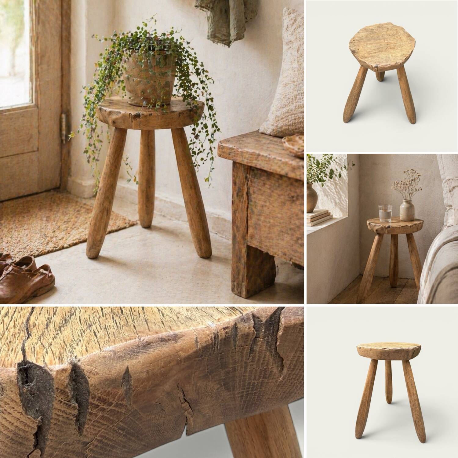 Brutalist tripod stool in solid elm from 1950.