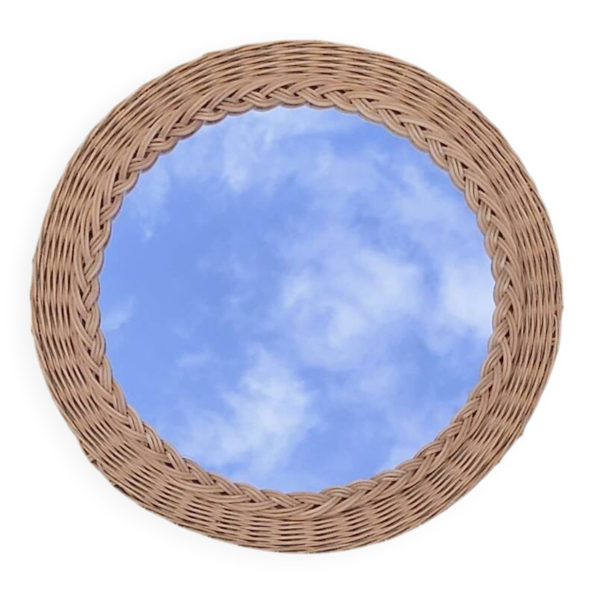 Antique round woven wicker mirror – 40 cm – 1970s