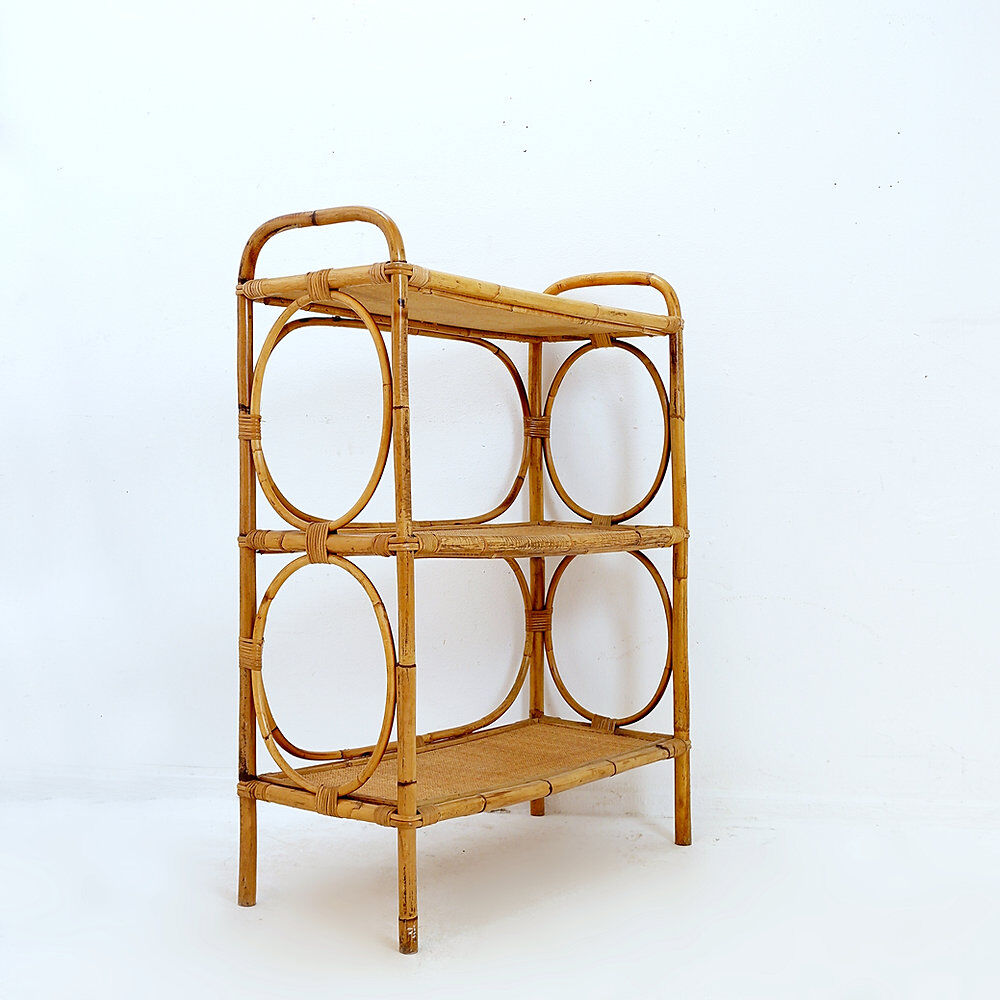 Vintage three-tier rattan shelf in bohemian style - 1960s