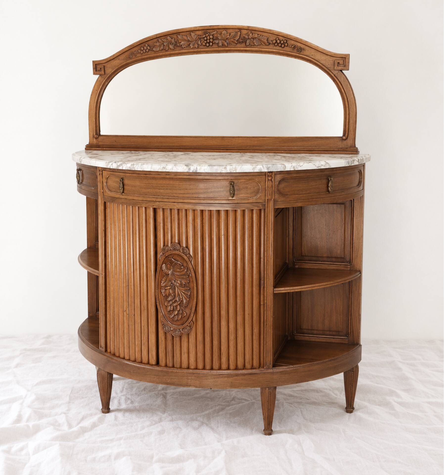 1930s buffet console in solid mahogany, marble and bevelled mirror.