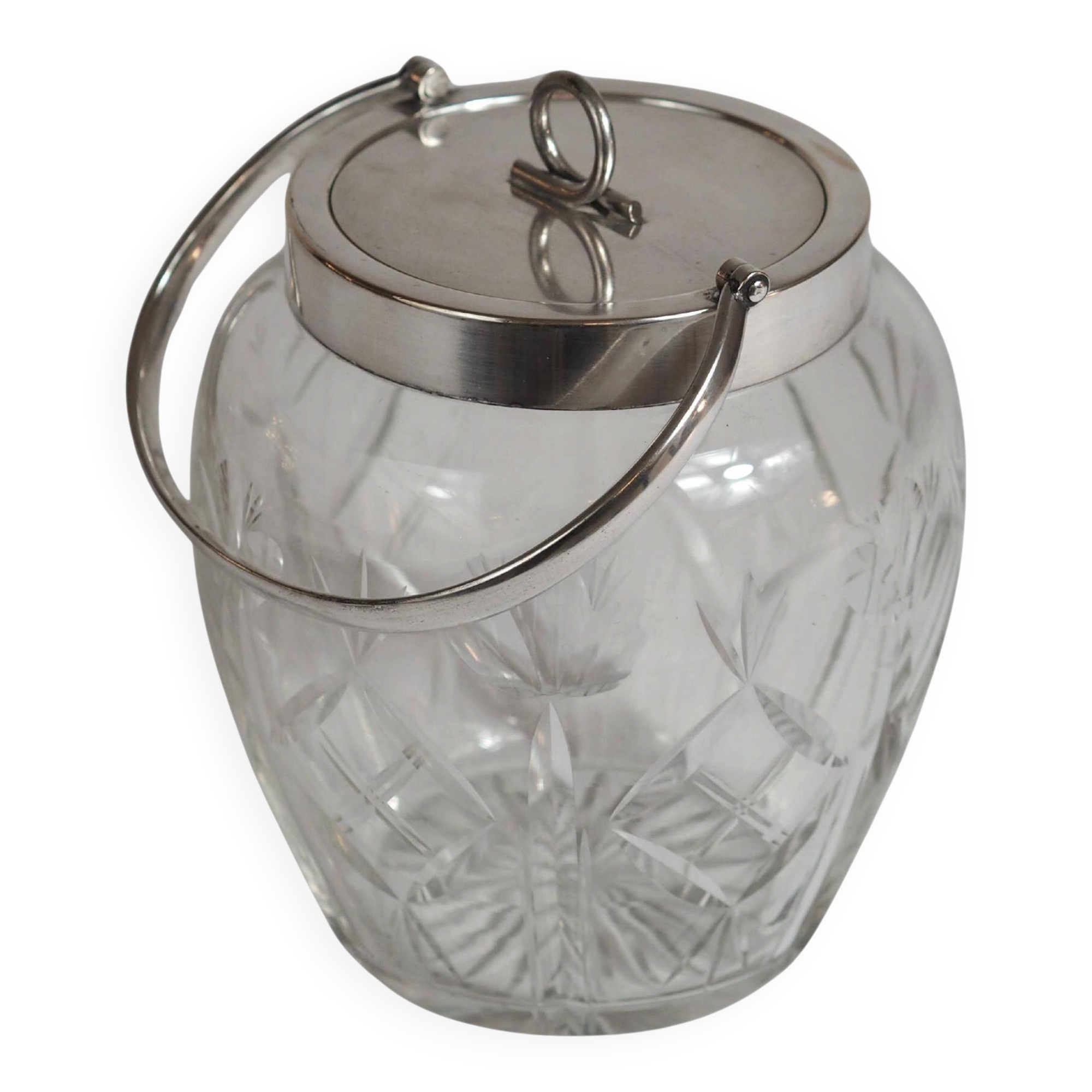 Crystal biscuit barrel with silver-plated mounts and handle, Austrian cut, 1920s.