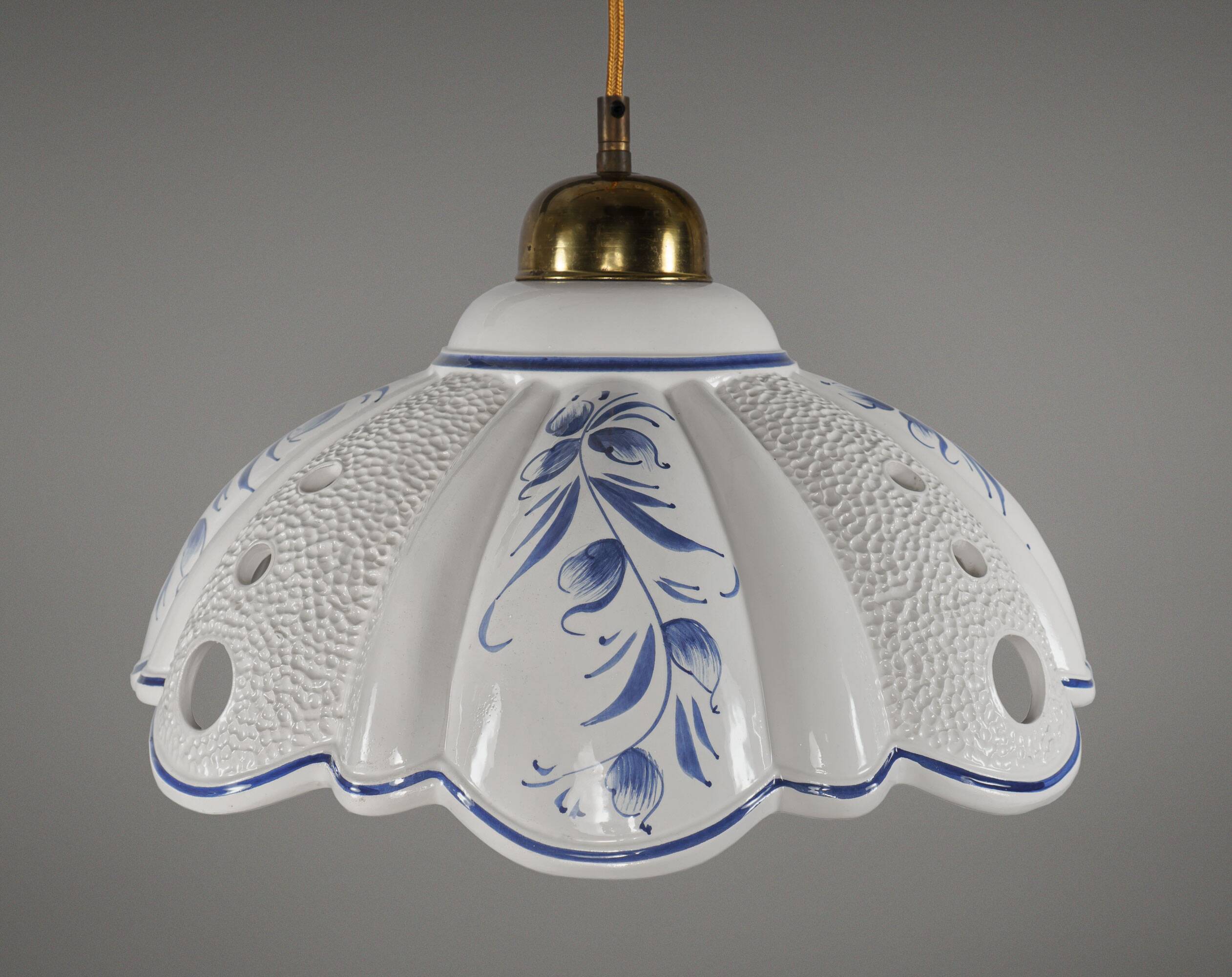 1980s Vintage Hand-Painted Portuguese Pierced Pottery Pendant Lamp