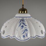 1980s Vintage Hand-Painted Portuguese Pierced Pottery Pendant Lamp