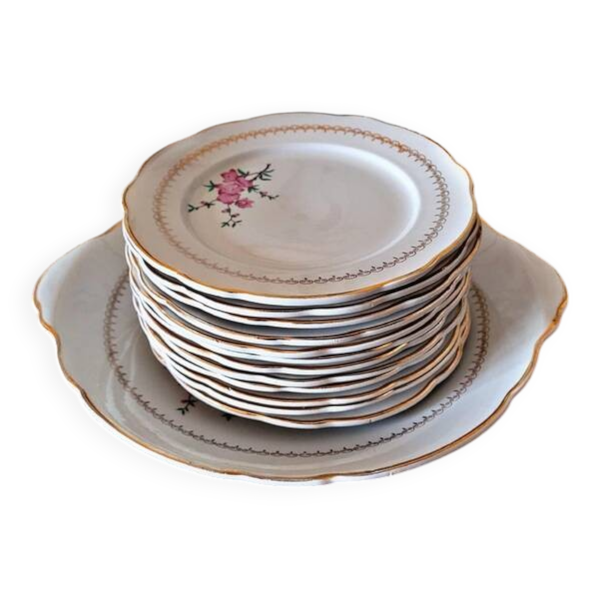 Assiettes dessert, KG Lunéville Florence avec plat gâteaux, fleurs roses