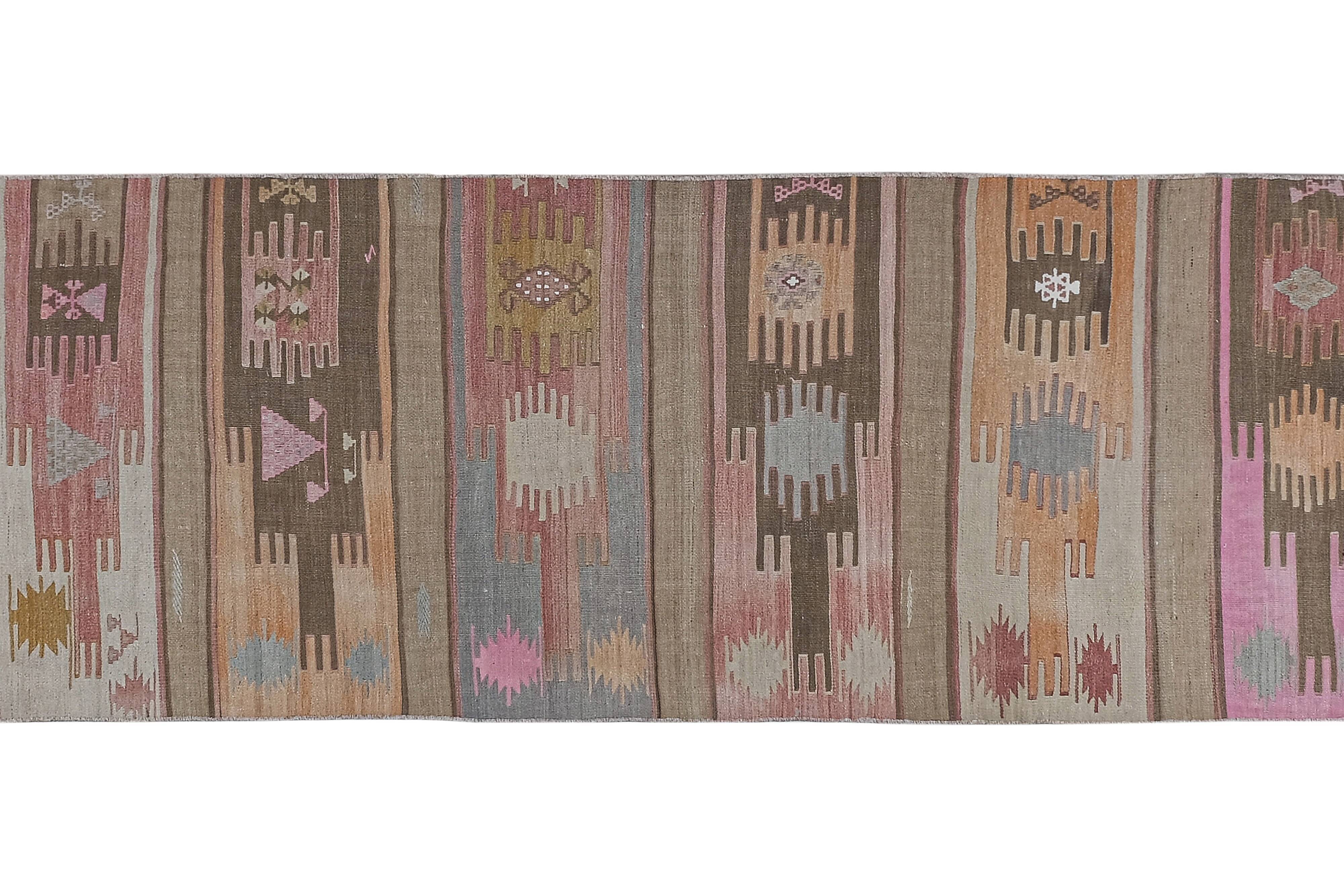 Handwoven Vintage Sivas Kilim Runner in Green Geometric Pattern 2'8'' x 12'6''