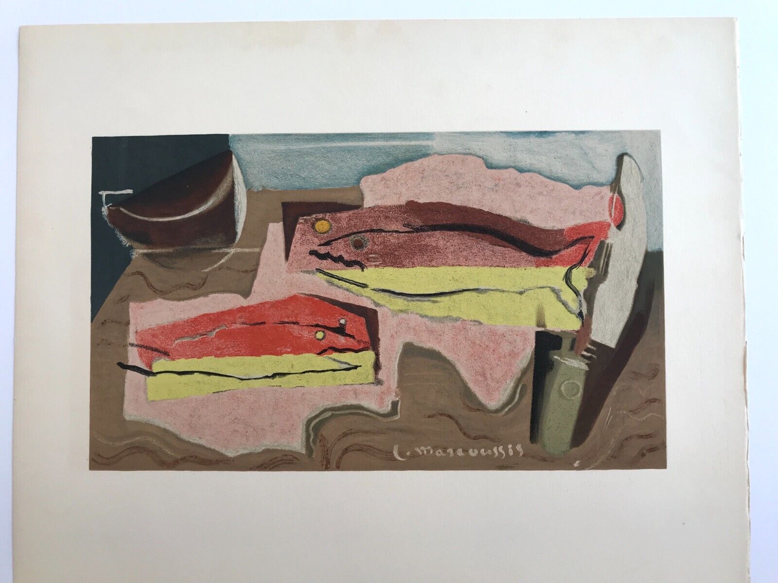 Lithograph by Louis Marcoussis, still life with fish, 1955