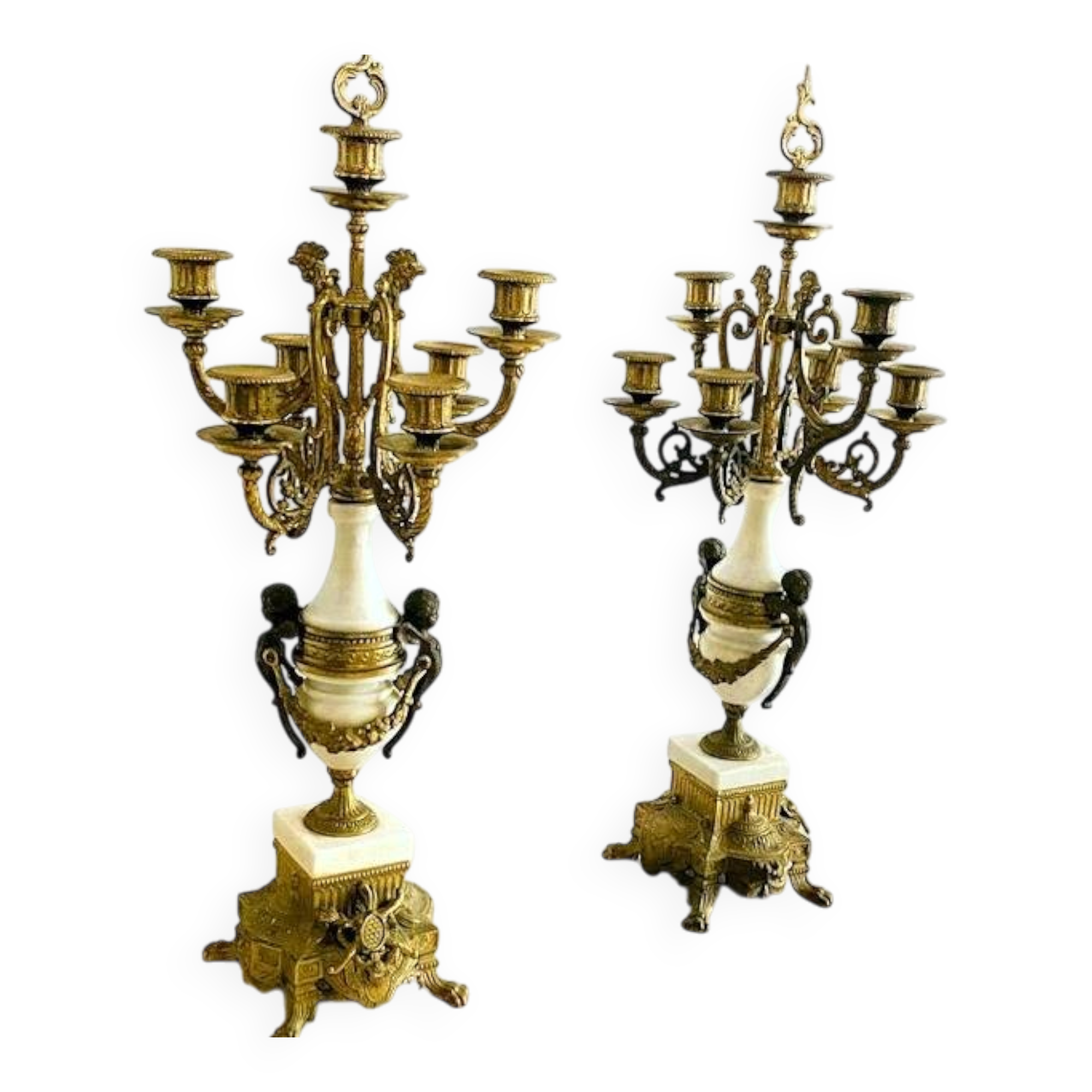 Paire de grands candélabres 7 feux - 69 cm - Bronze - Putti