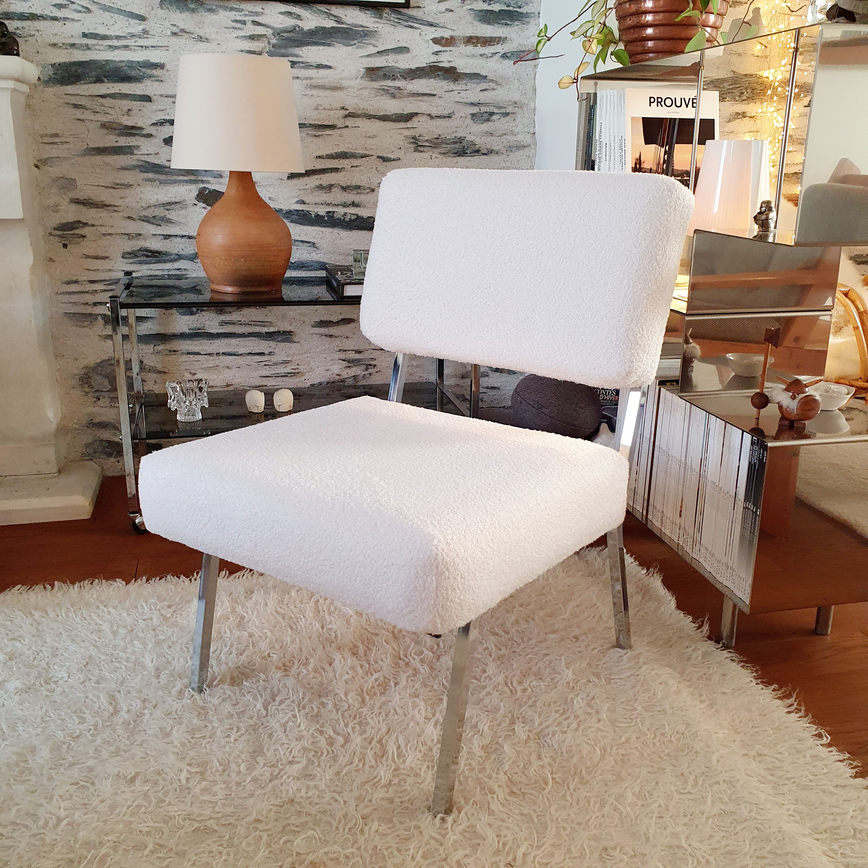 Armchair 60s chrome metal fabric buckle