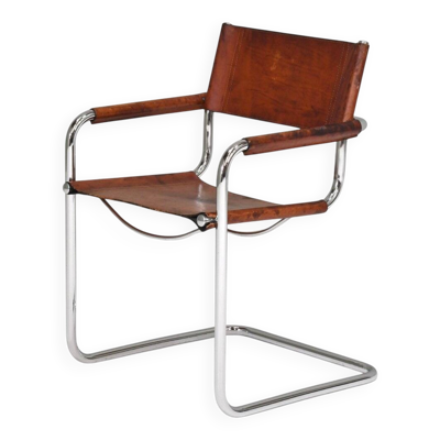Fauteuil de salle à manger S34 en cuir de saddle cognac par Mart Stam pour Fasem, années 1970.
