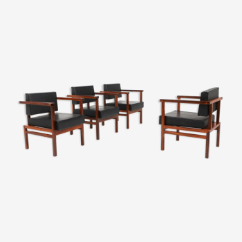 Wim Den Boon steering chairs in black leather and rosewood - 1950s