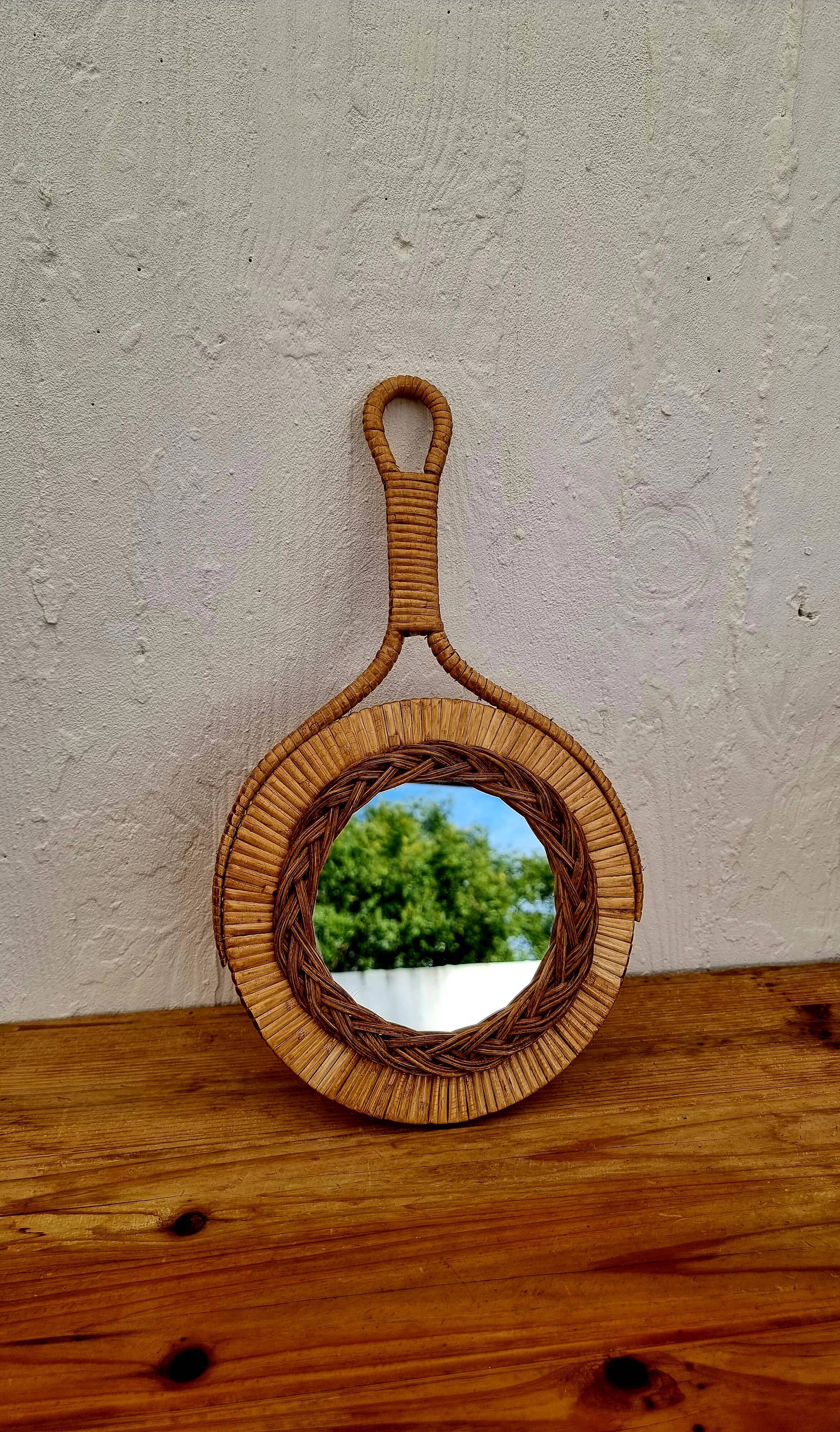 Vintage rattan hand mirror