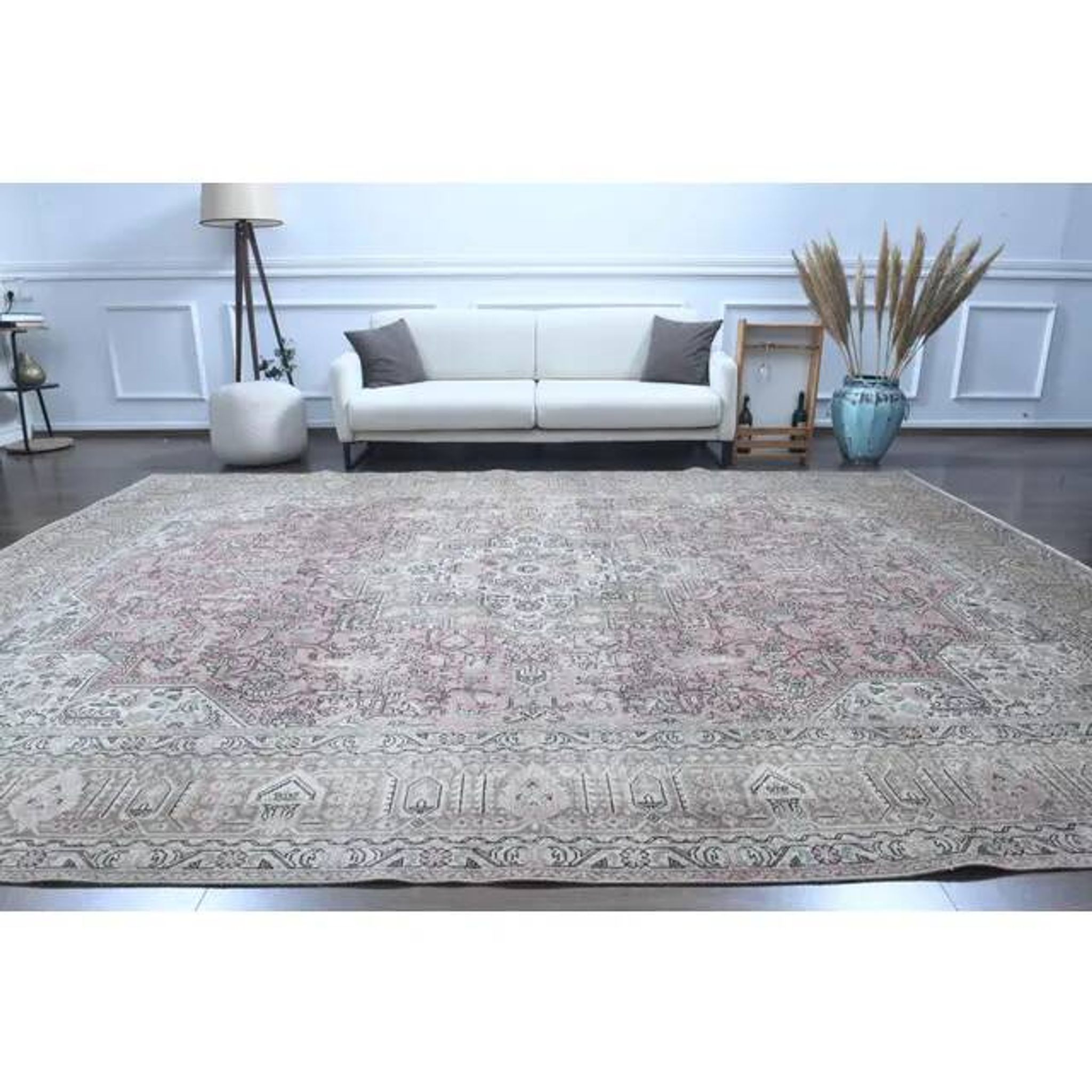 1960s Vintage Persian Handmade Wool Cotton Light Pink Area Rug 285x388