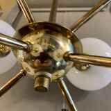 Chandelier pendant lamp design sputnik in golden brass, 8 globes balls opaline glass, ca 1970s