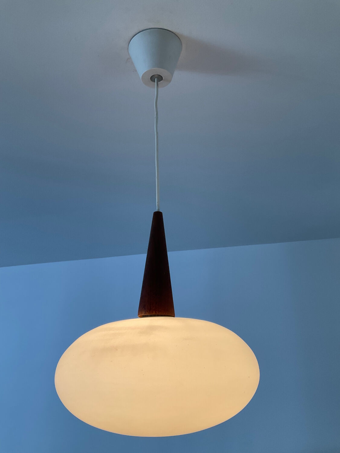 Louis Kalff pendant light in teak and opaline