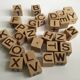 Ancient wooden toy cubes alphabet, figures and pictures