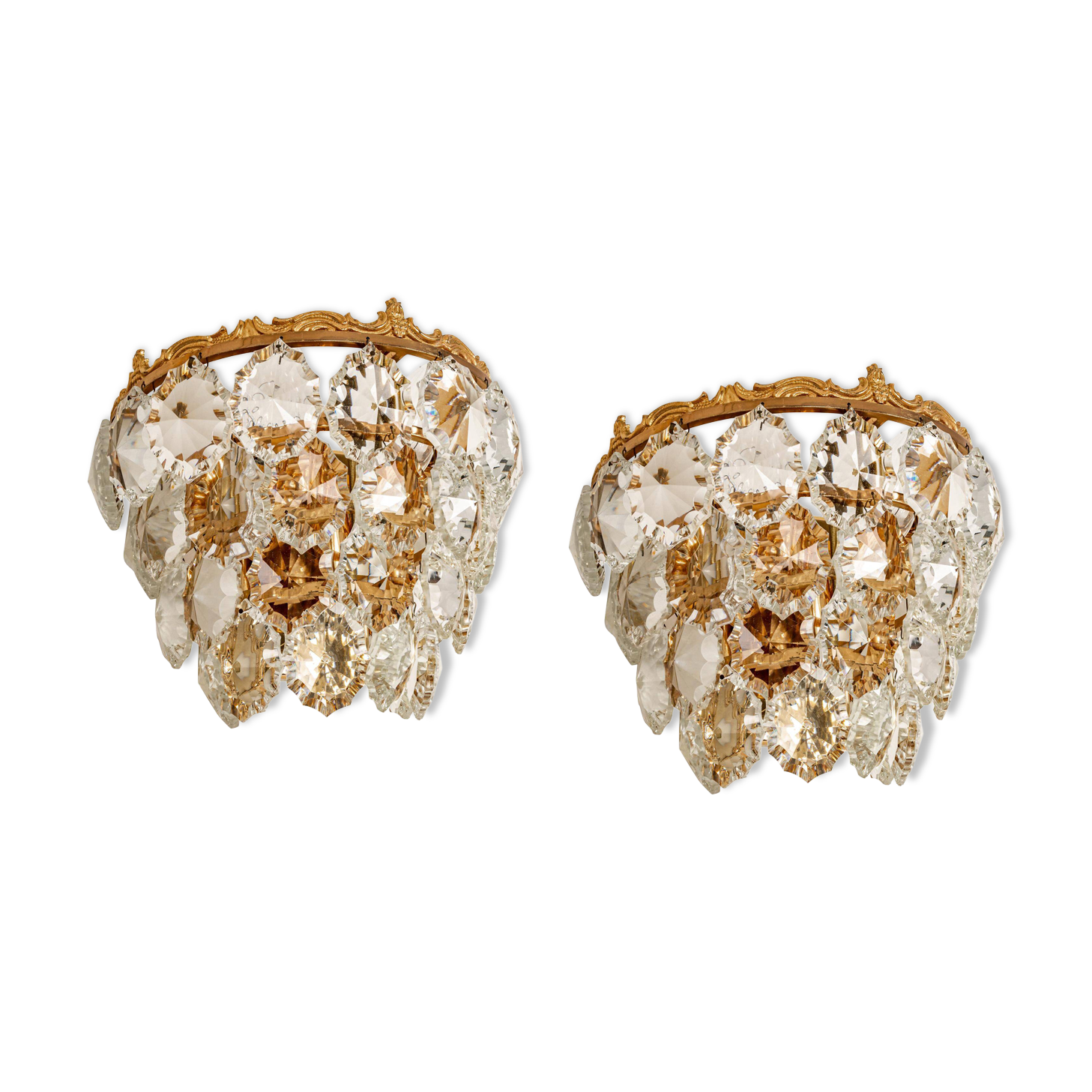Bakalowits wall sconces, brass and crystal glass, Austria, 1960s