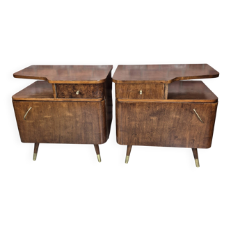 Pair of Asymmetrical Mid-Century  Walnut Nightstands with Brass Details