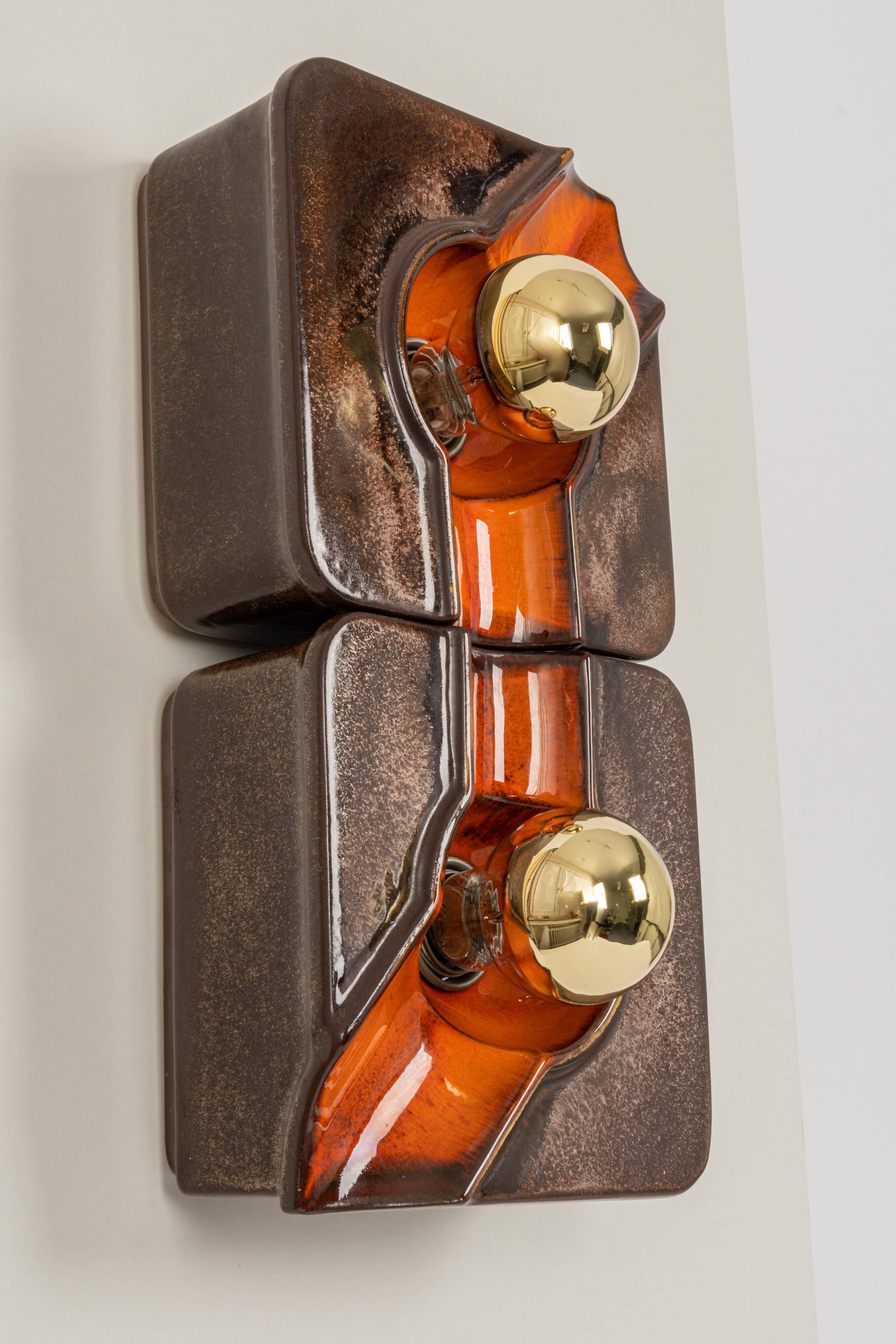Sputnik wall lights in brown and orange ceramic, Germany 1970s