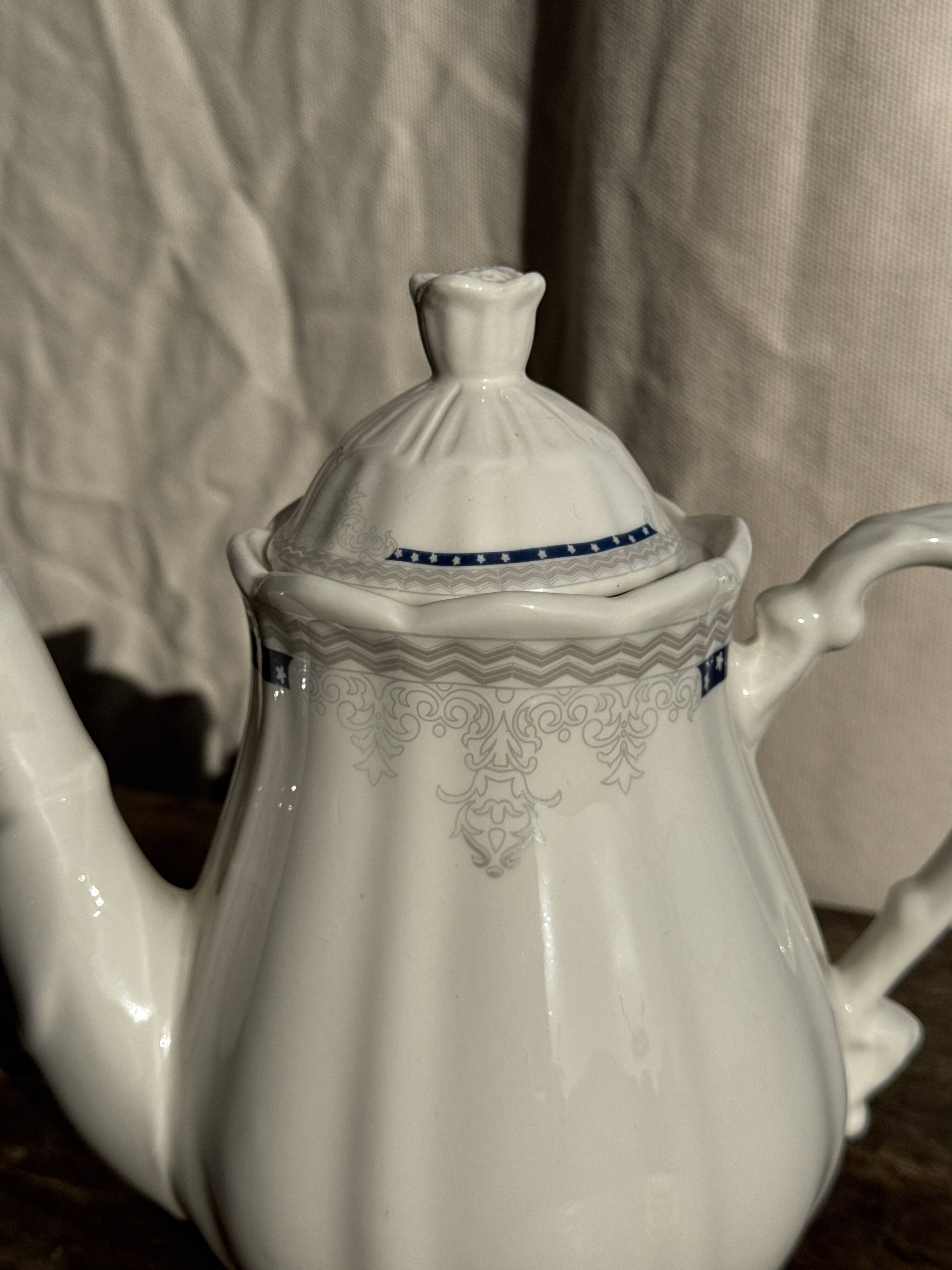 White earthenware teapot with blue and silver trim H22.5