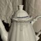 White earthenware teapot with blue and silver trim H22.5
