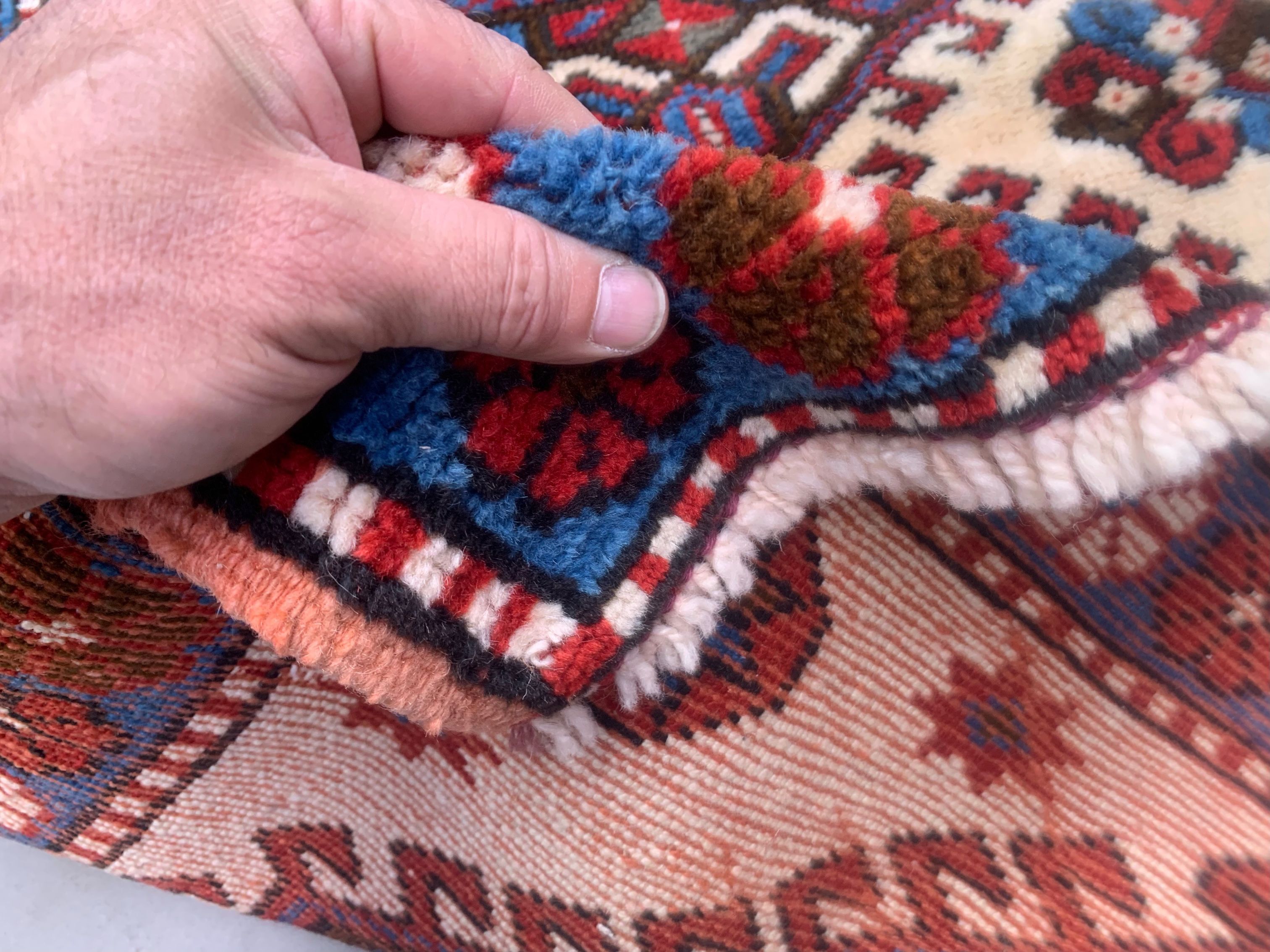 Old turkish kazak rug 129x91 cm vintage tribal carpet, red and blue large