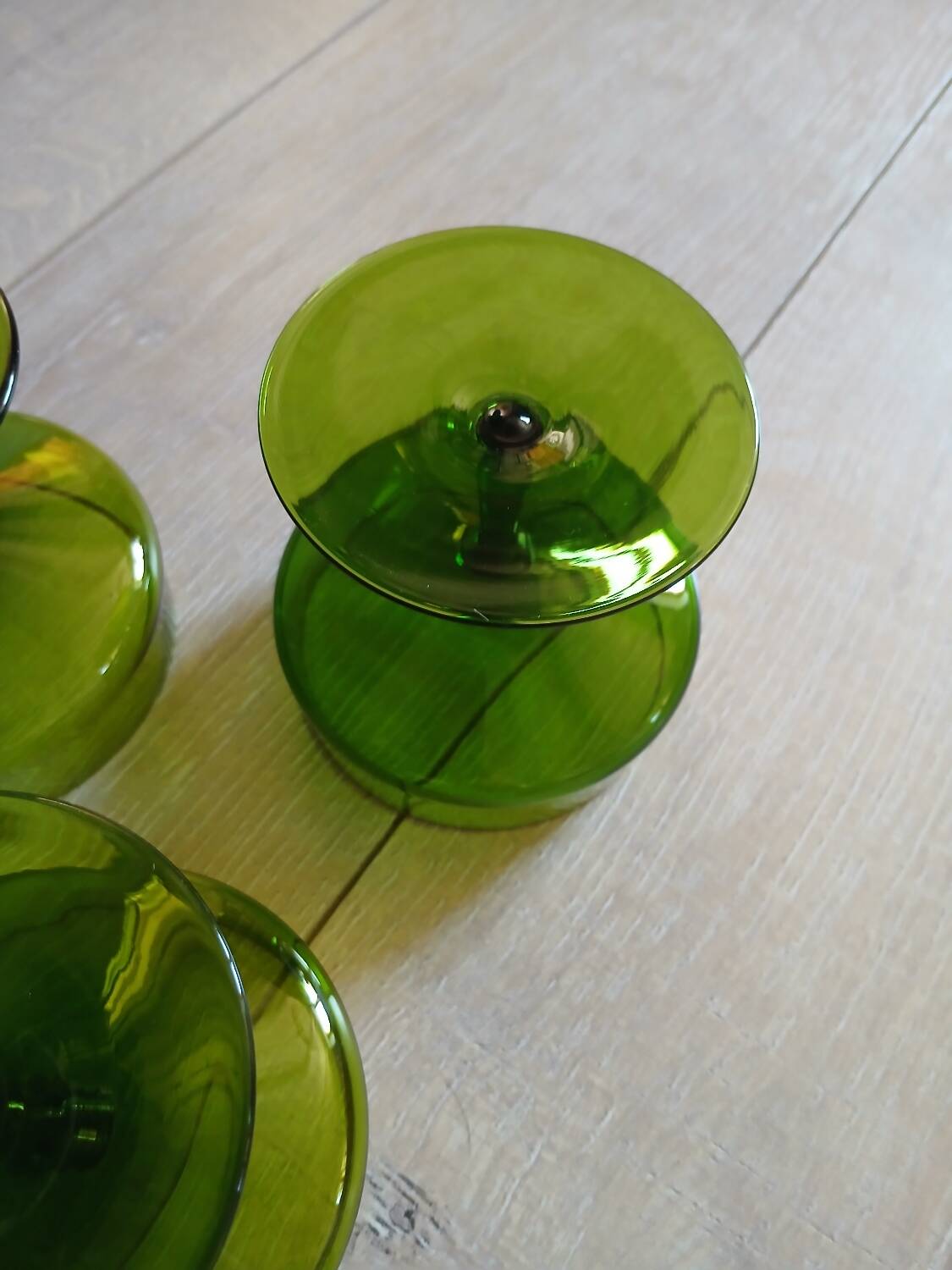 5 antique green champagne coupes