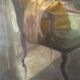 Old painting 1950 interior scene oil on canvas green armchair signed