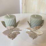 Set of 2 Silver Candle Holders - Tulip Shape on Vine Leaf