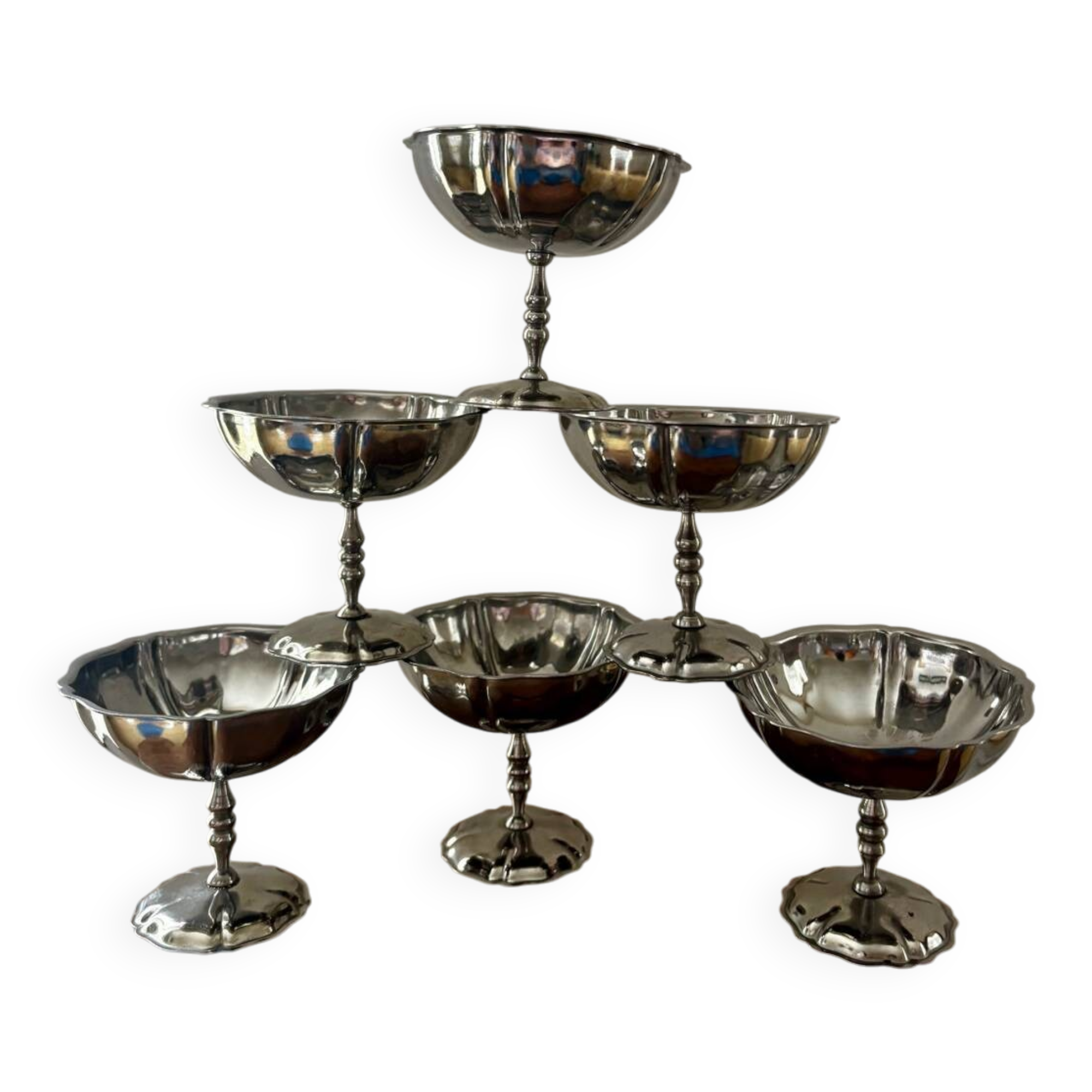 Vintage set of 6 finely engraved stainless steel bowls.