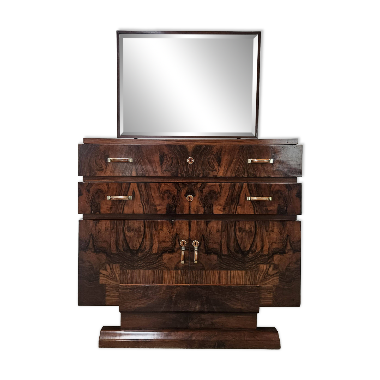 Exclusive 1940s Art Decò sideboard in walnut burl with mirror