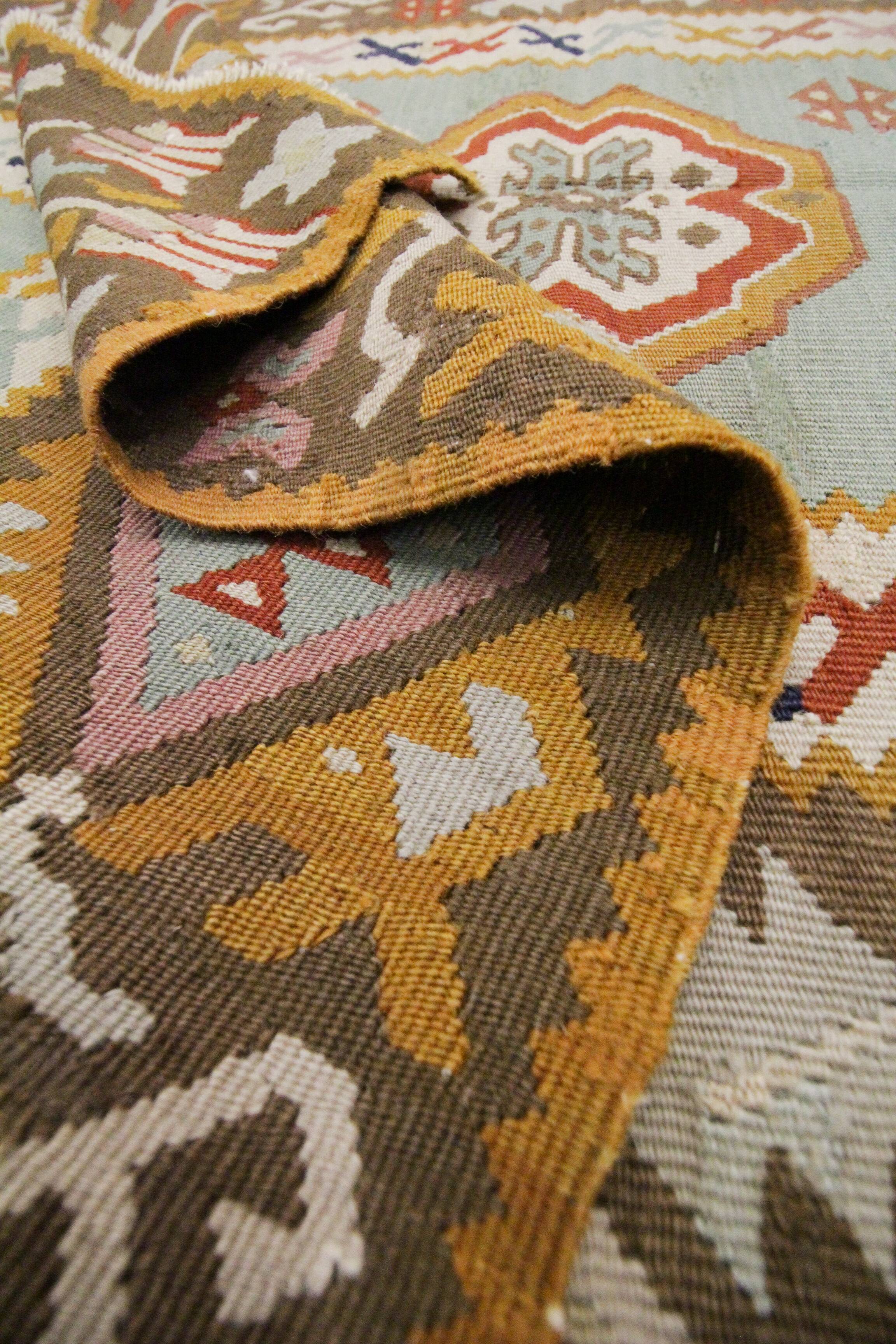 Antique Anatolian Kilim Rug, Turquoise Blue & Mustard Flatweave 141x93 cm