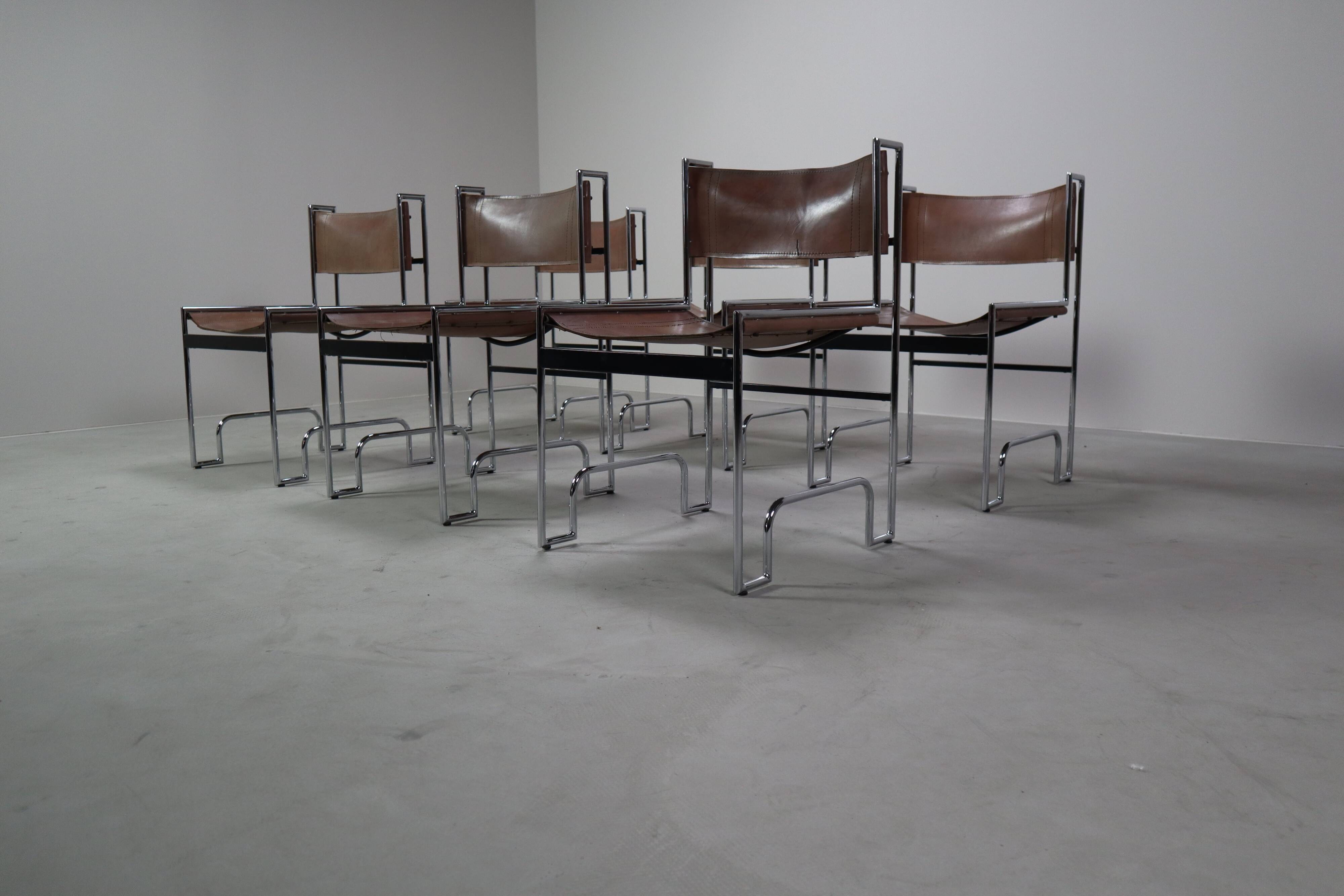 Set of 6 modernist chrome and leather dining chairs, 1970's