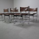 Set of 6 modernist chrome and leather dining chairs, 1970's