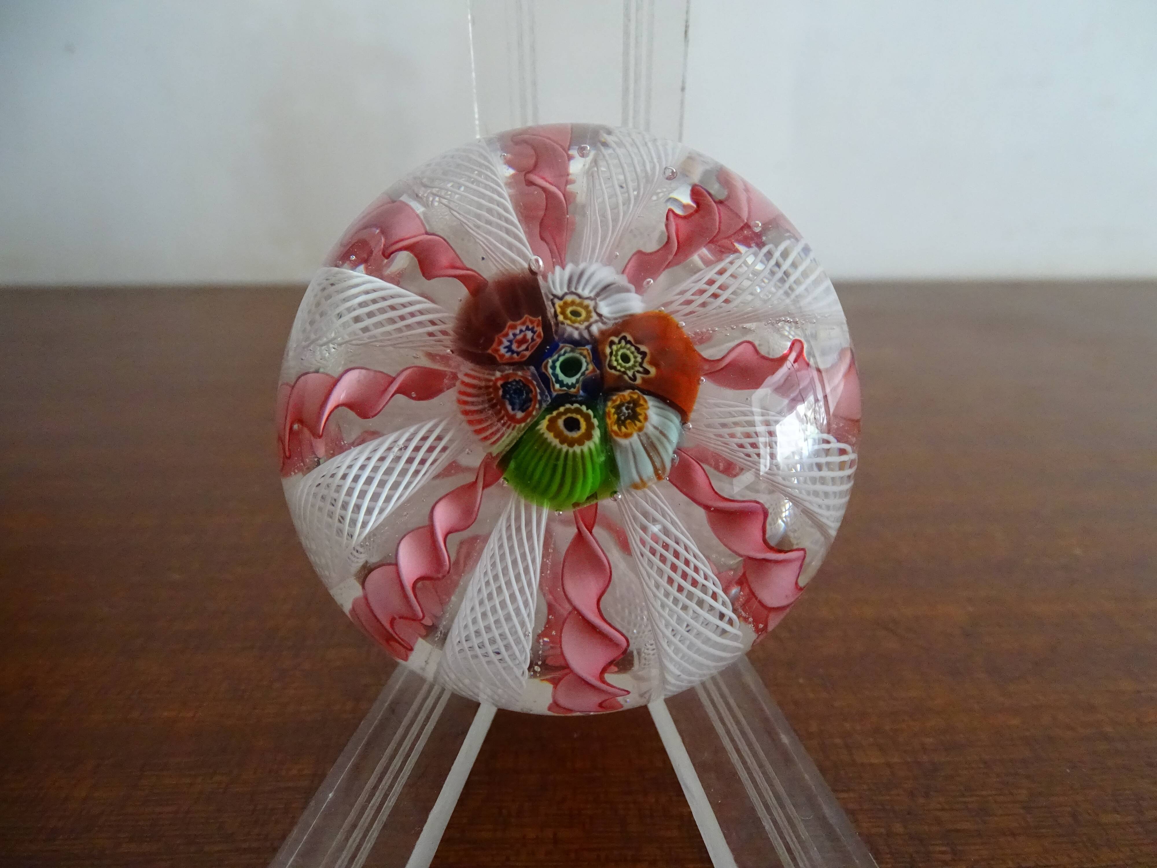 Murano paperweight millefiori and latticino twisted ribbons