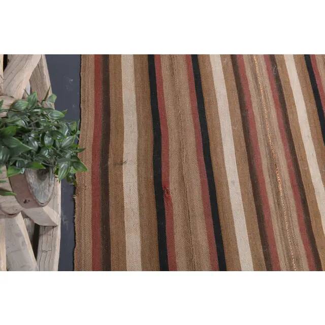 Vintage Turkish Hand-Knotted Wool Cotton Brown Kilim Runner 145x296