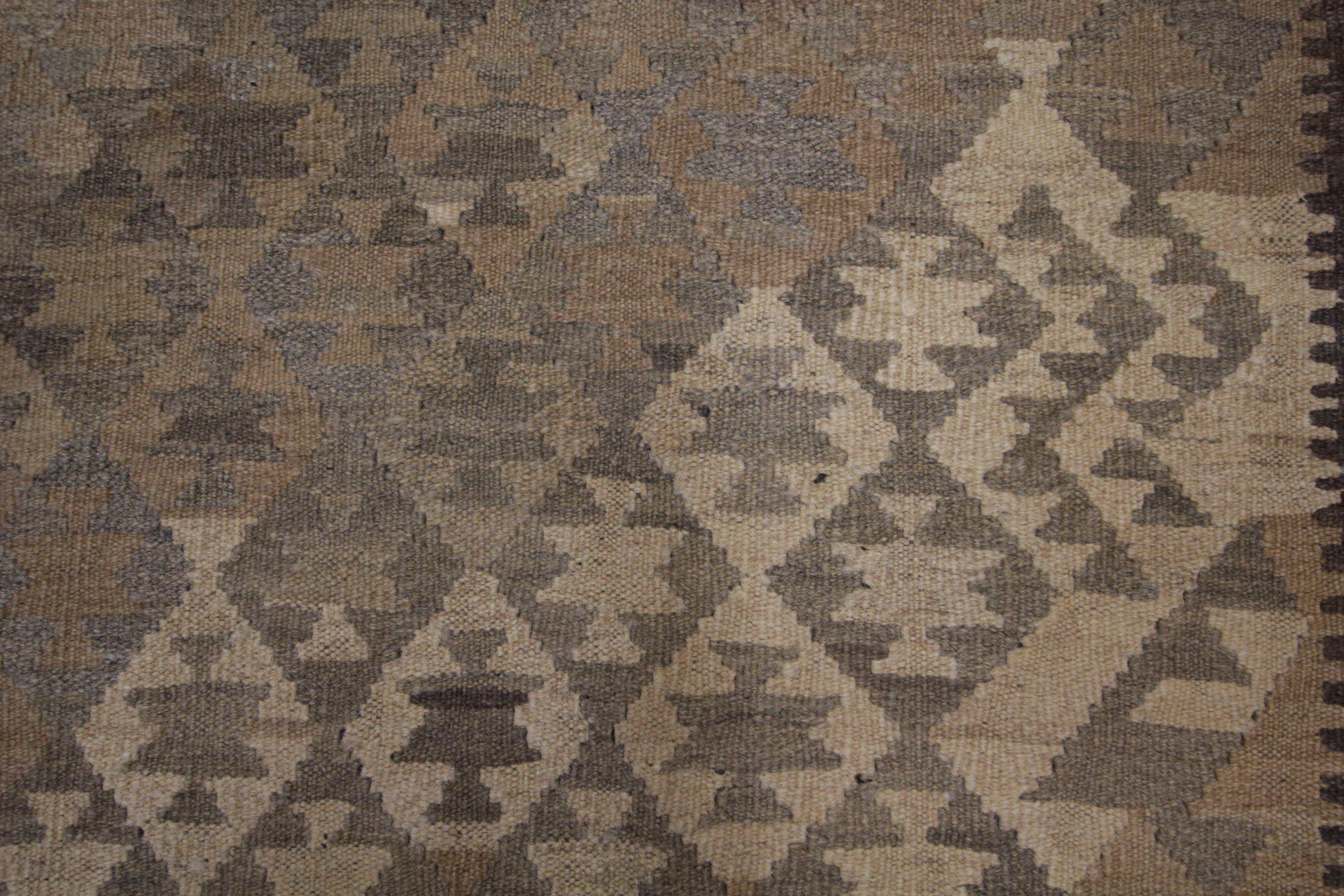 Brown & Khaki Geometric Kilim Rug, Handwoven Wool Carpet 302 x 239 cm