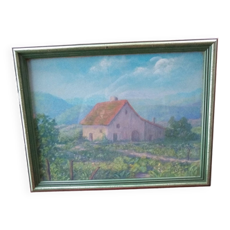 Pastel maison dans les champs signe date 1952