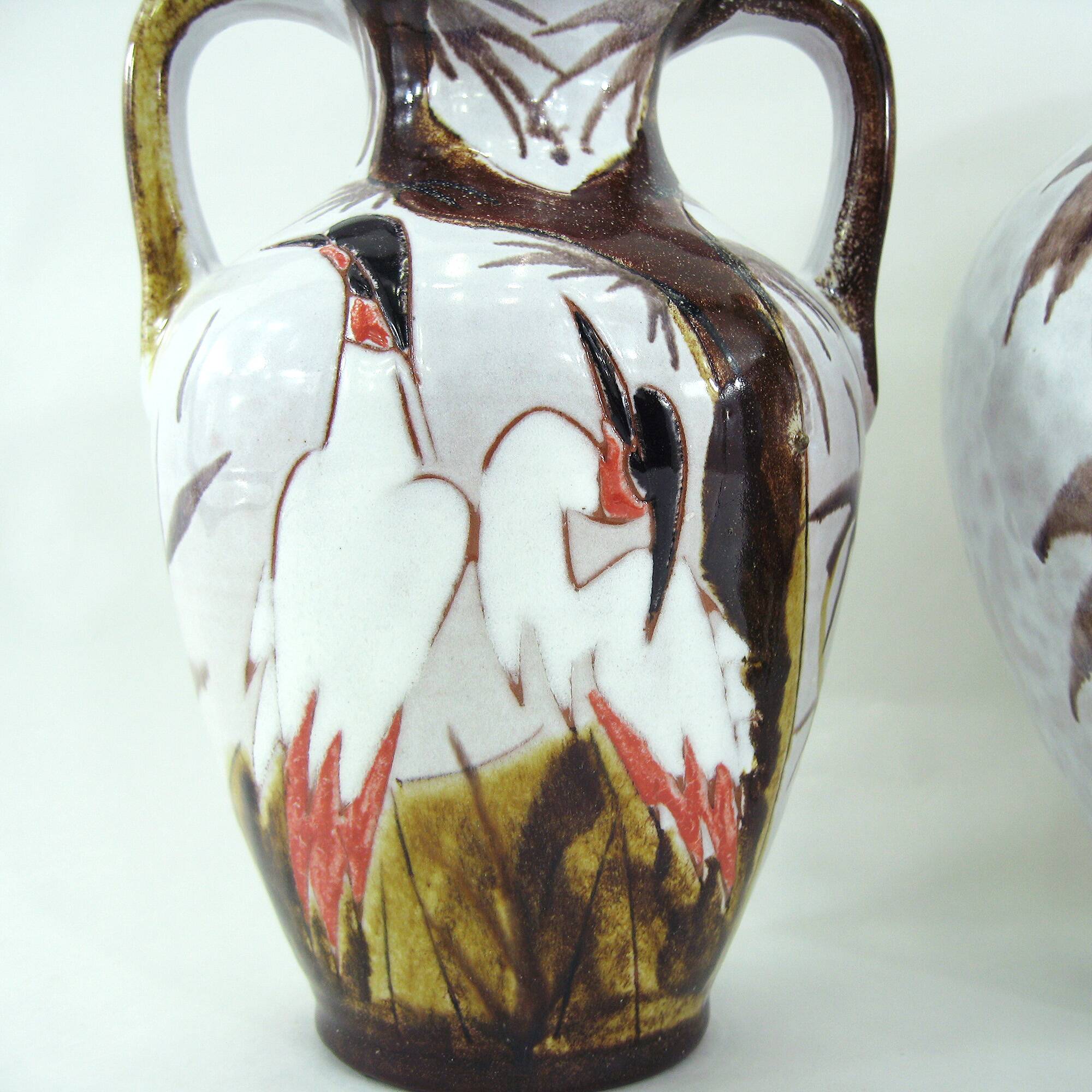 2 West Germany vases - trees and Japanese cranes decor - Marei Keramik - vintage 60s